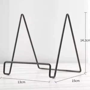 Black metal display stand for photos.