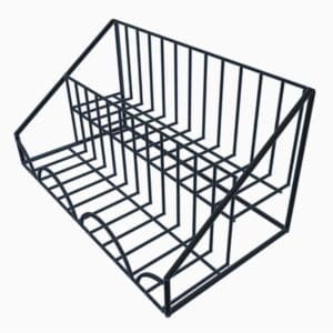 Wire rack, two-tiered display stand.