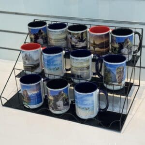 Thai landscape mugs on display.
