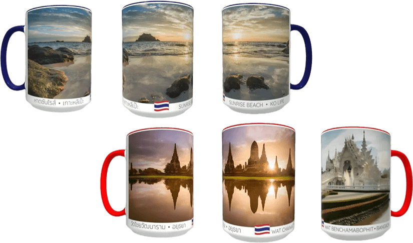 A series of mugs with different images on them.