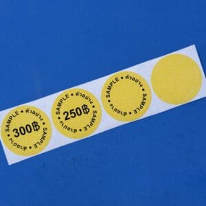 Yellow sample stickers with prices.